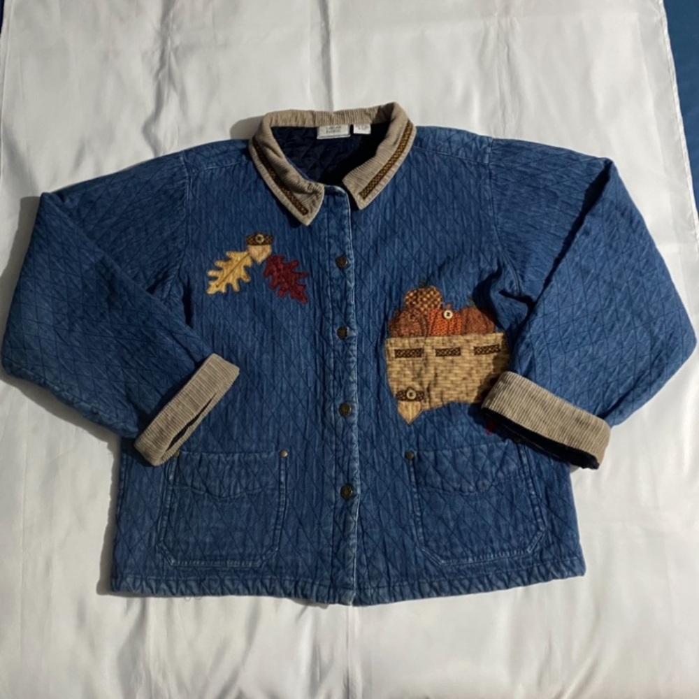 Vintage Sugar Ridge Fall Themed Quilted Denim Jacket w/ Corduroy Collar & Cuffs